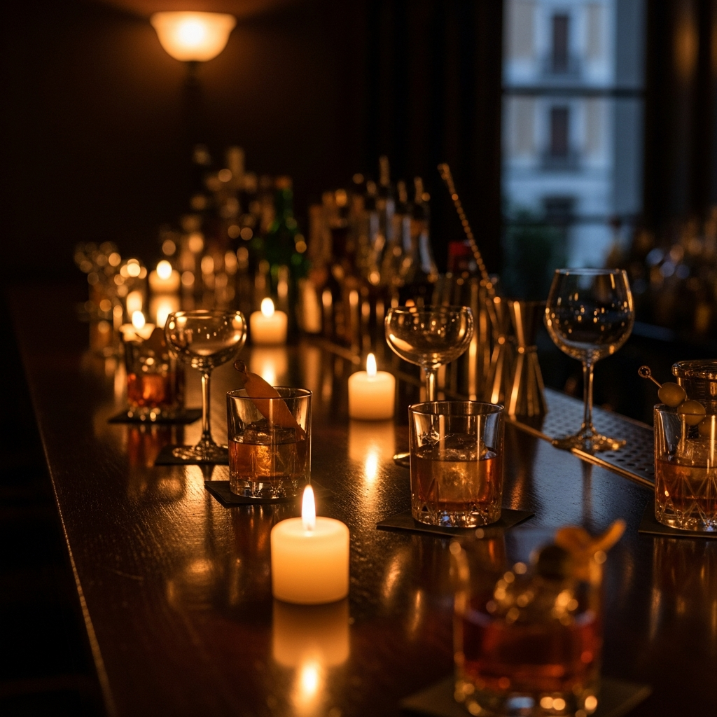 Warm candlelit cocktail bar counter at night, dark moody atmosphere, Madrid, editorial photography